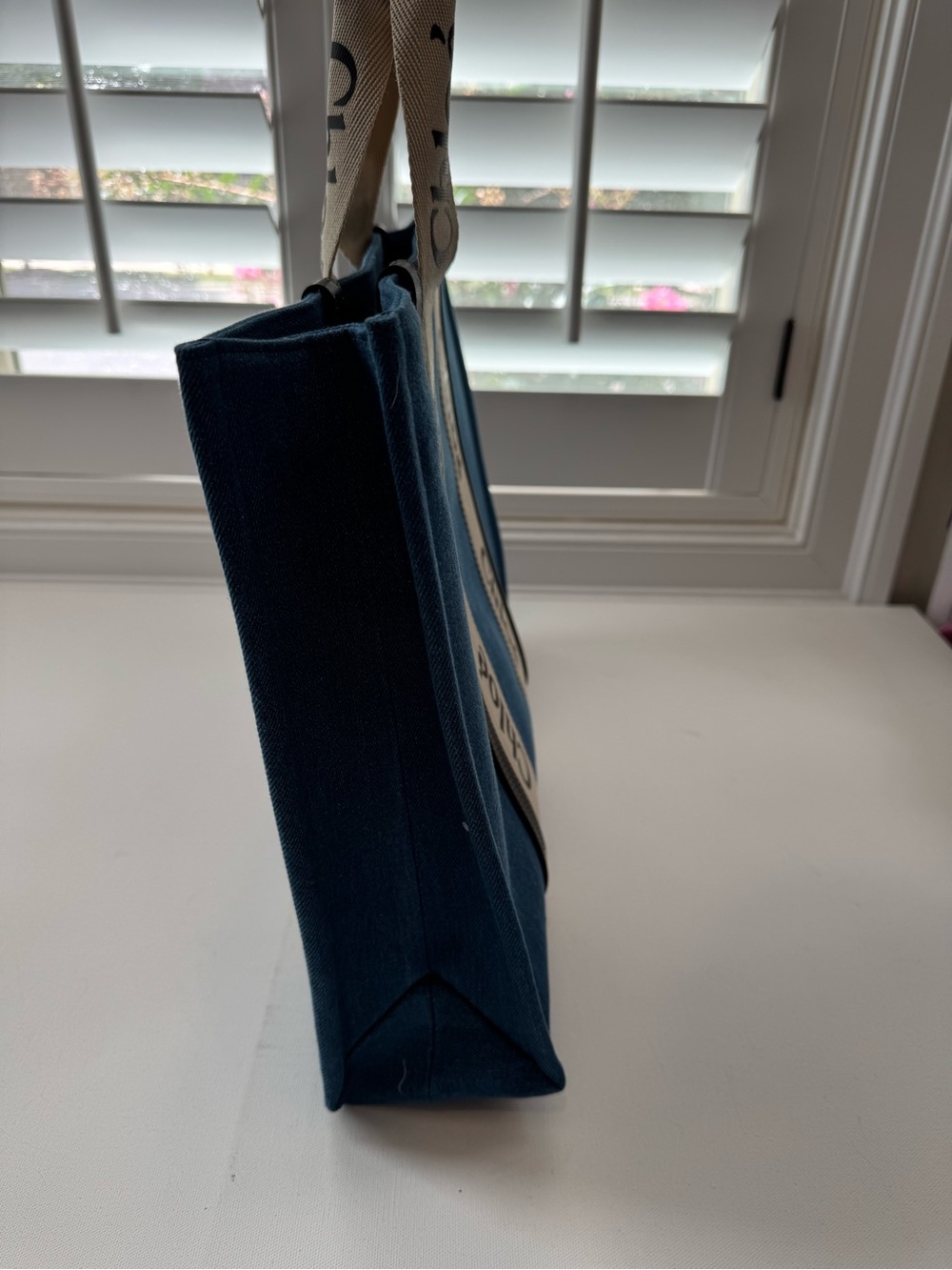 LUXE Large Woody Denim Tote Bag Blue Logo Canvas Leather Trim NEW - Picture 8 of 13